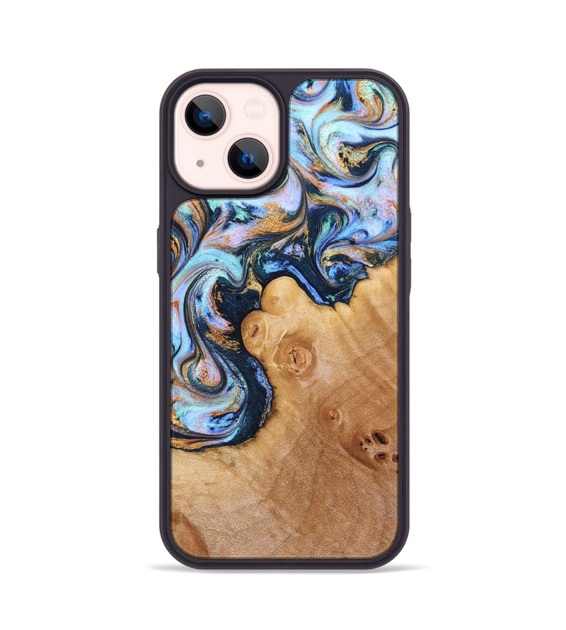 iPhone 14 Wood Phone Case - Iliana (Teal & Gold, 823383)