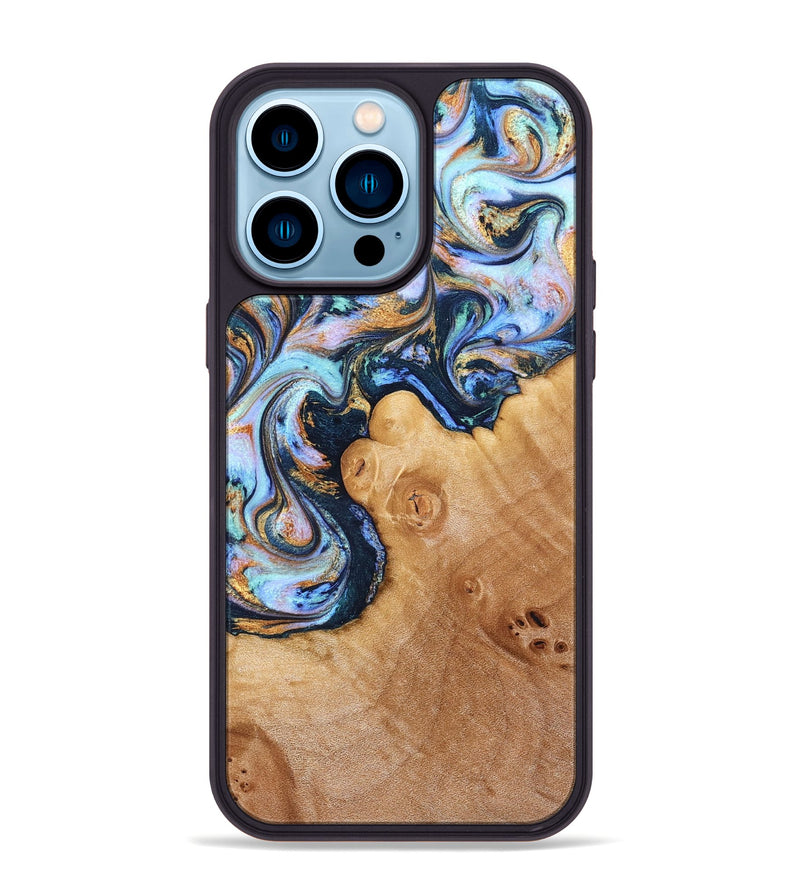 iPhone 14 Pro Max Wood Phone Case - Iliana (Teal & Gold, 823383)