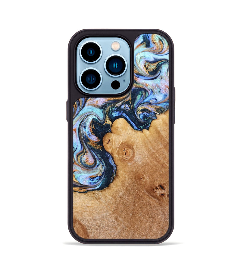 iPhone 14 Pro Wood Phone Case - Iliana (Teal & Gold, 823383)