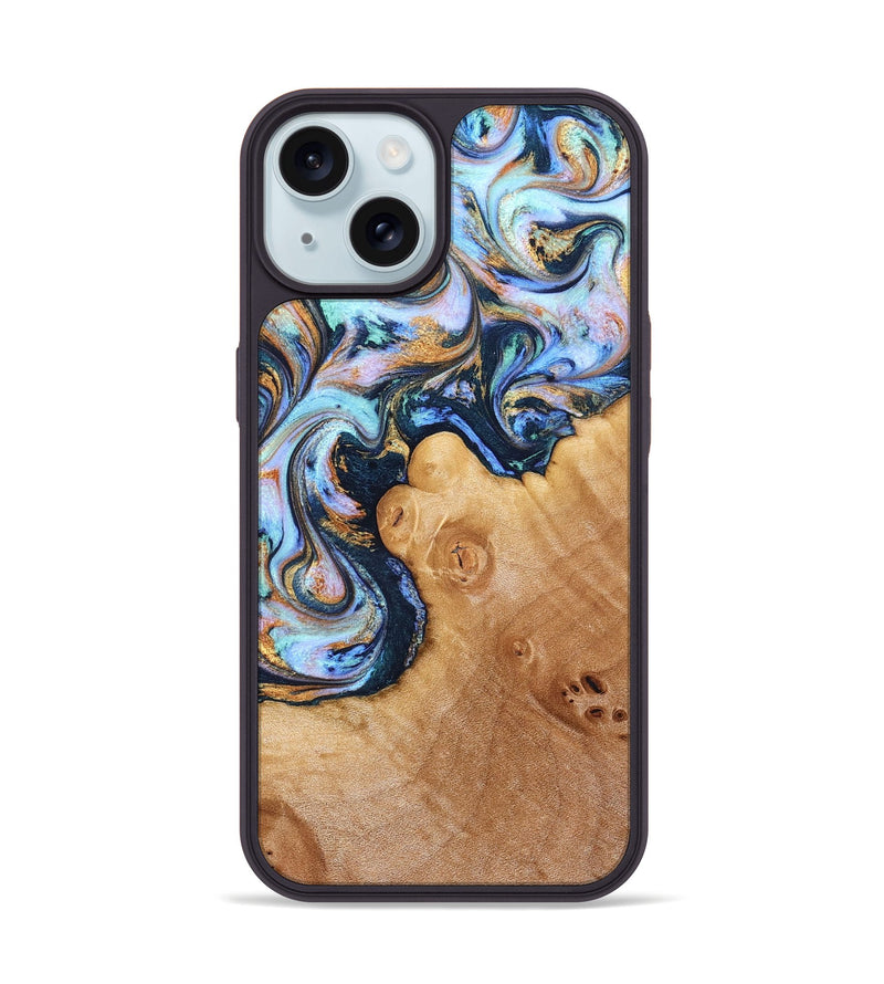 iPhone 15 Wood Phone Case - Iliana (Teal & Gold, 823383)