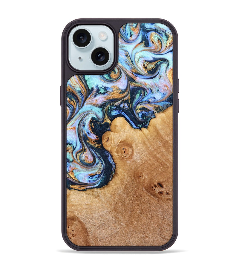 iPhone 15 Plus Wood Phone Case - Iliana (Teal & Gold, 823383)