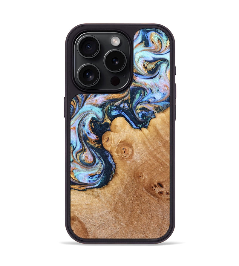 iPhone 15 Pro Wood Phone Case - Iliana (Teal & Gold, 823383)
