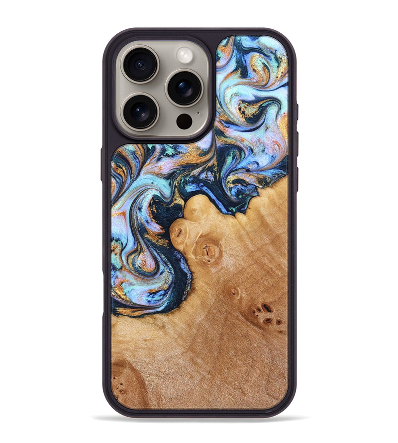 iPhone 16 Pro Max Wood Phone Case - Iliana (Teal & Gold, 823383)