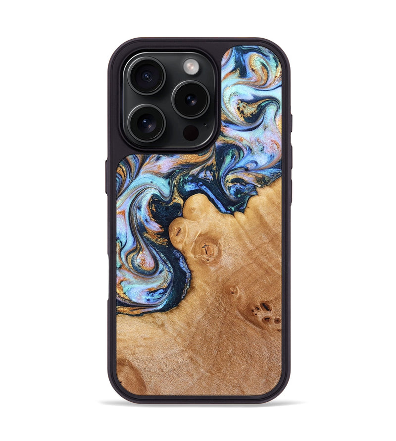 iPhone 16 Pro Wood Phone Case - Iliana (Teal & Gold, 823383)