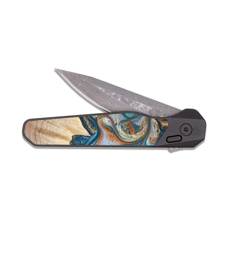 EDC Dark Damascus Wood Pocket Knife - Aracely (Teal & Gold, 823459)