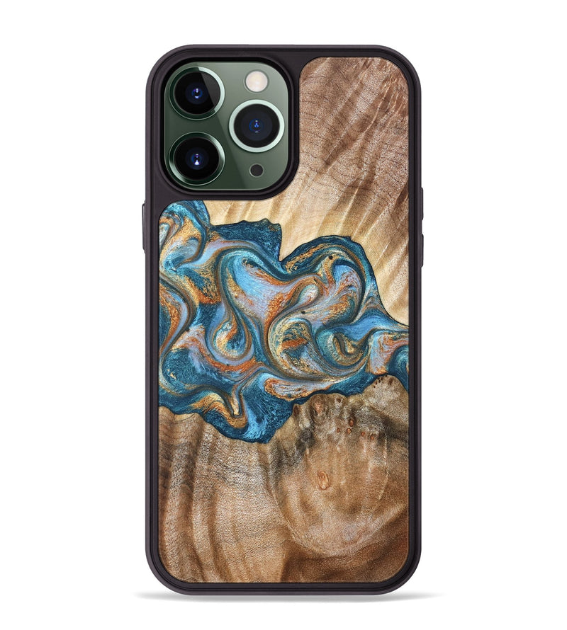 iPhone 13 Pro Max Wood Phone Case - Aracely (Teal & Gold, 823459)