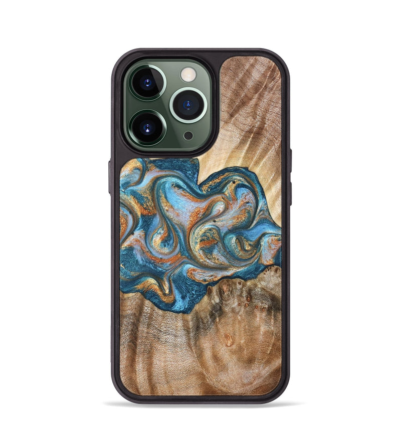 iPhone 13 Pro Wood Phone Case - Aracely (Teal & Gold, 823459)