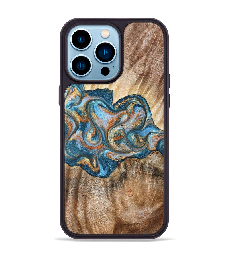 iPhone 14 Pro Max Wood Phone Case - Aracely (Teal & Gold, 823459)