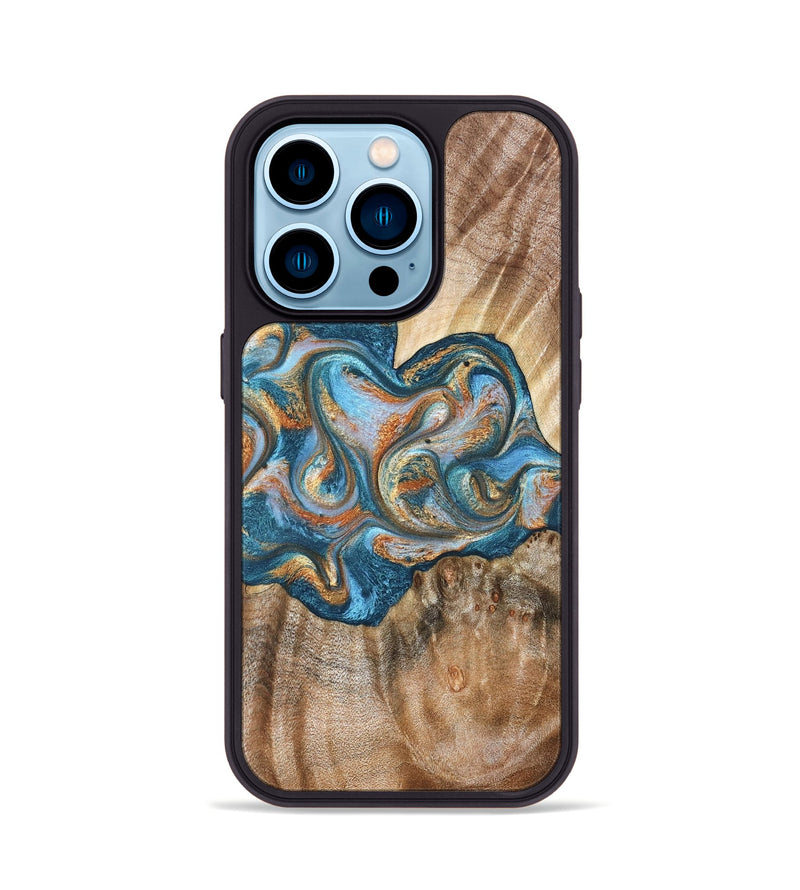 iPhone 14 Pro Wood Phone Case - Aracely (Teal & Gold, 823459)