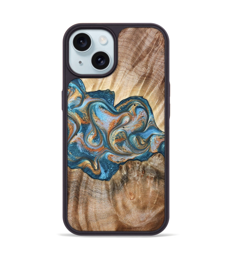 iPhone 15 Wood Phone Case - Aracely (Teal & Gold, 823459)