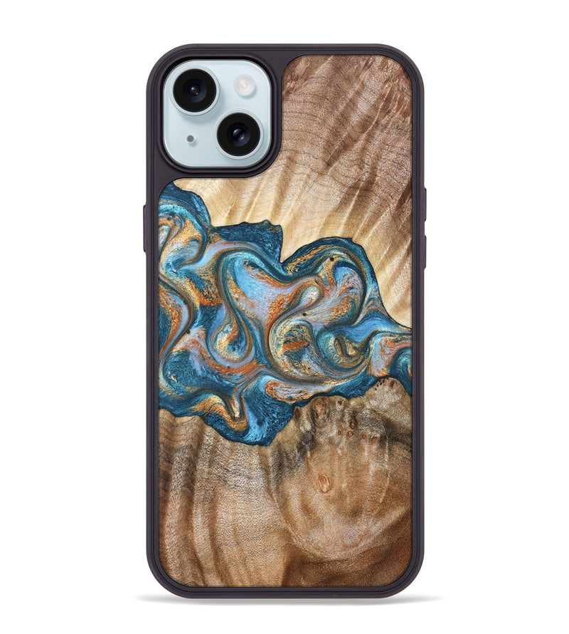 iPhone 15 Plus Wood Phone Case - Aracely (Teal & Gold, 823459)