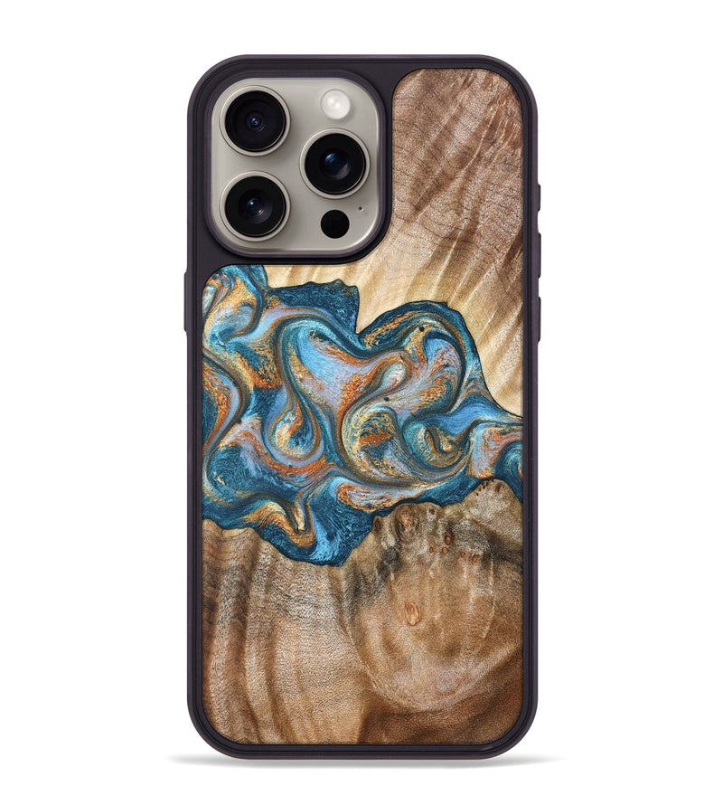 iPhone 15 Pro Max Wood Phone Case - Aracely (Teal & Gold, 823459)