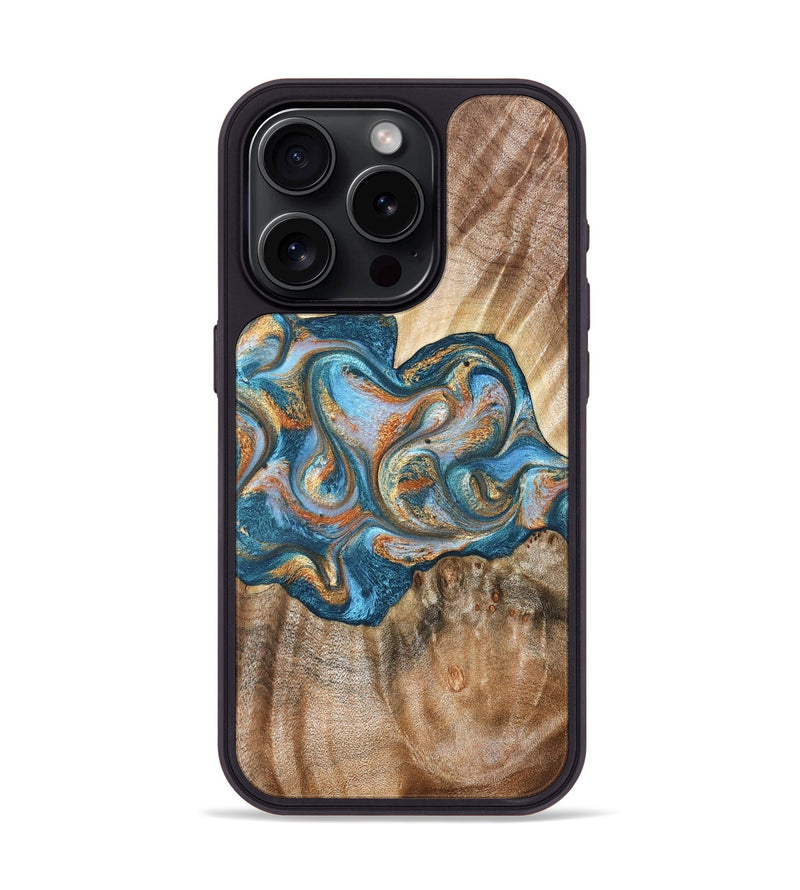 iPhone 15 Pro Wood Phone Case - Aracely (Teal & Gold, 823459)