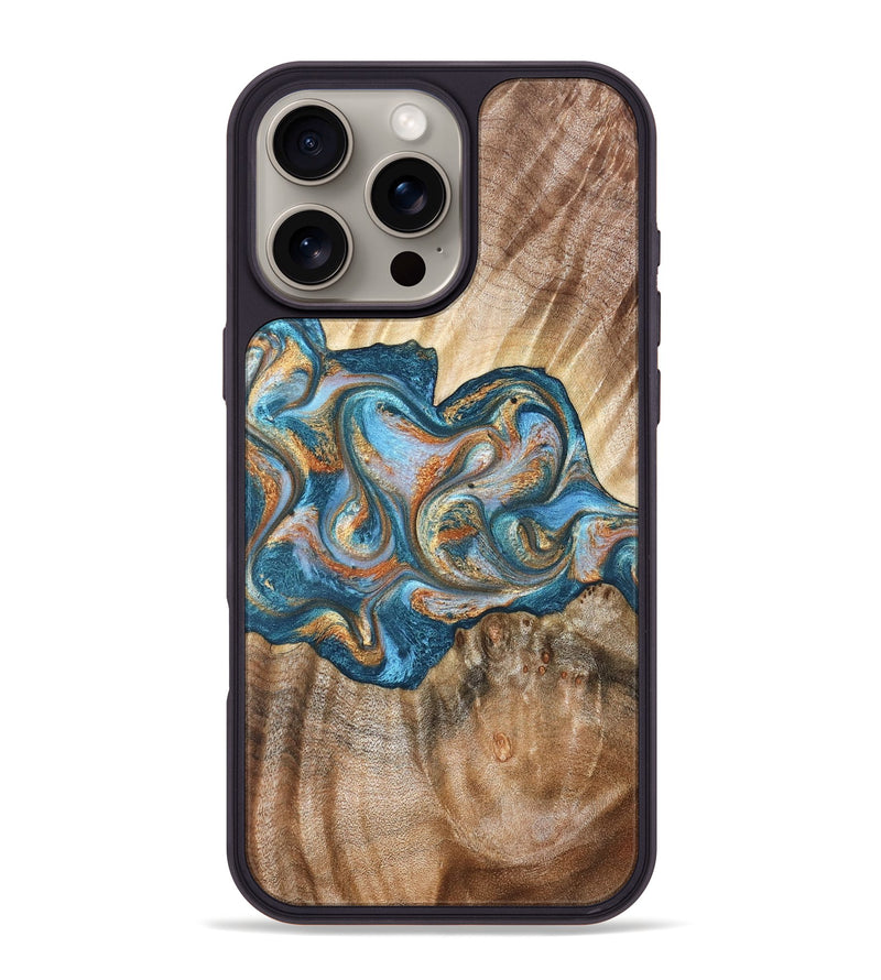 iPhone 16 Pro Max Wood Phone Case - Aracely (Teal & Gold, 823459)