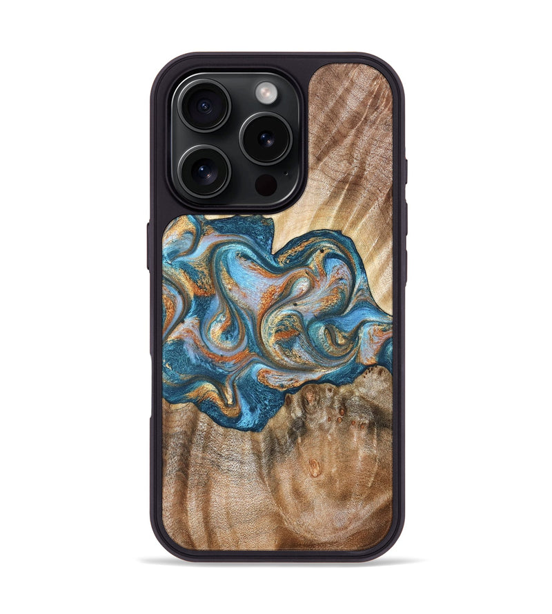 iPhone 16 Pro Wood Phone Case - Aracely (Teal & Gold, 823459)