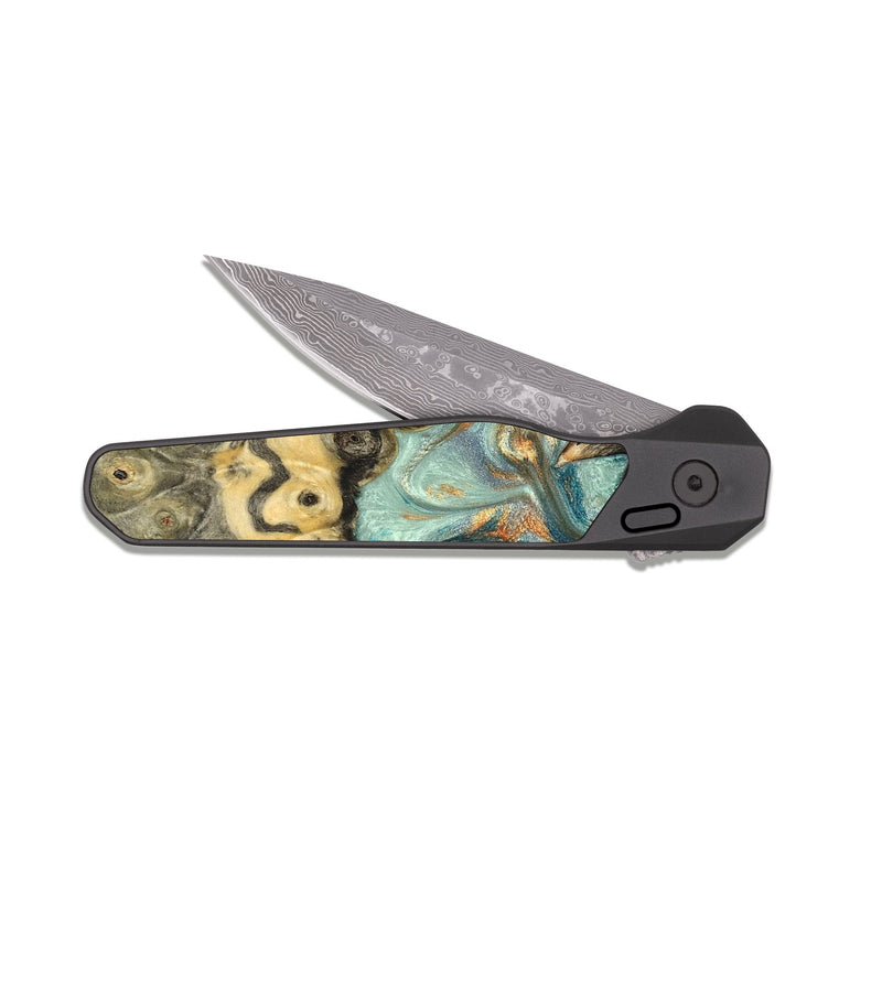 EDC Dark Damascus Wood Pocket Knife - Glenna (Teal & Gold, 823460)