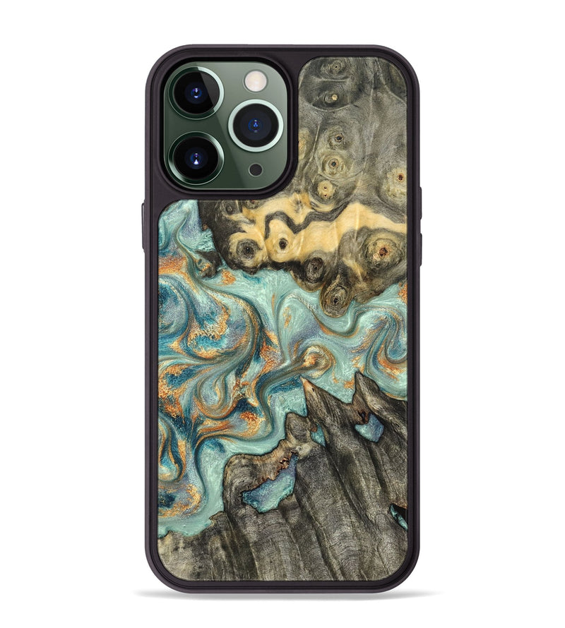 iPhone 13 Pro Max Wood Phone Case - Glenna (Teal & Gold, 823460)