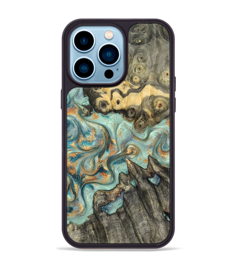 iPhone 14 Pro Max Wood Phone Case - Glenna (Teal & Gold, 823460)
