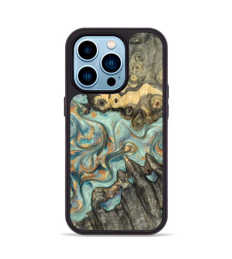 iPhone 14 Pro Wood Phone Case - Glenna (Teal & Gold, 823460)