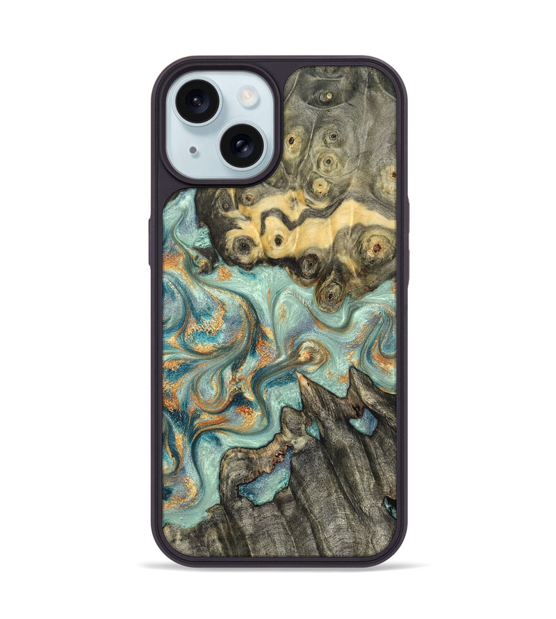 iPhone 15 Wood Phone Case - Glenna (Teal & Gold, 823460)