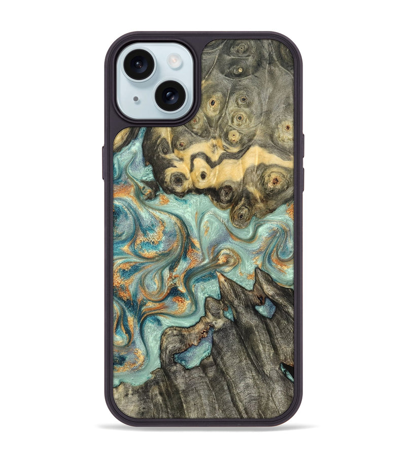 iPhone 15 Plus Wood Phone Case - Glenna (Teal & Gold, 823460)