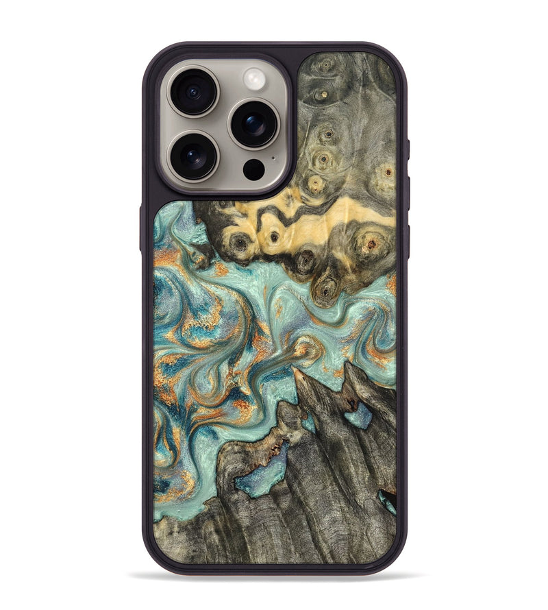 iPhone 15 Pro Max Wood Phone Case - Glenna (Teal & Gold, 823460)