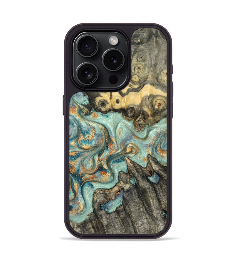 iPhone 15 Pro Wood Phone Case - Glenna (Teal & Gold, 823460)