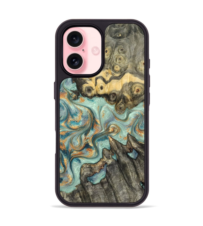 iPhone 16 Wood Phone Case - Glenna (Teal & Gold, 823460)