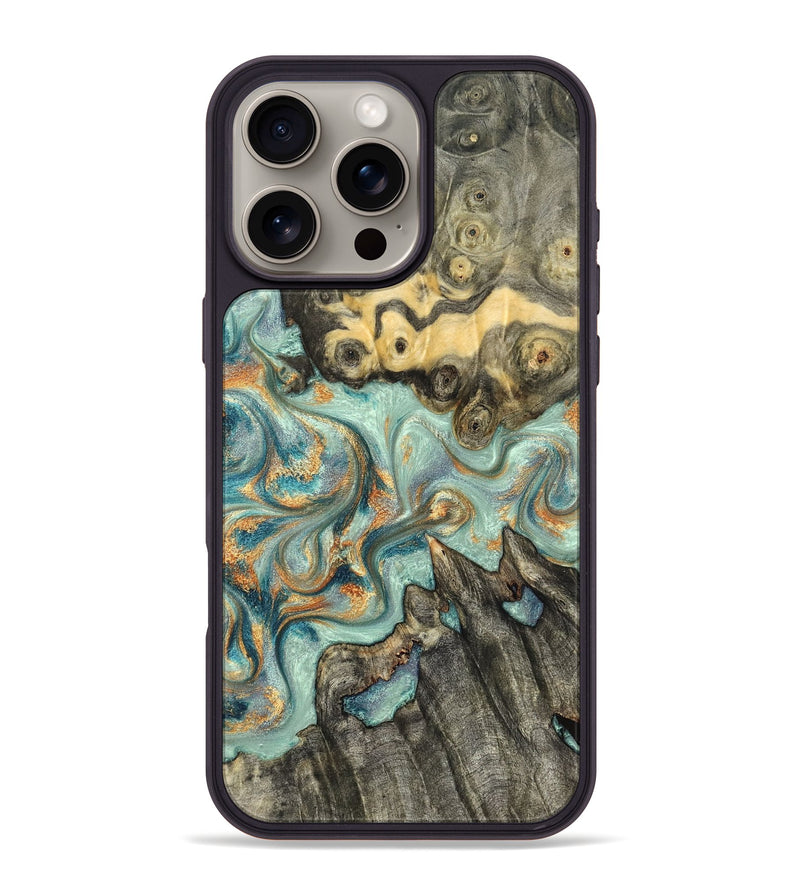 iPhone 16 Pro Max Wood Phone Case - Glenna (Teal & Gold, 823460)