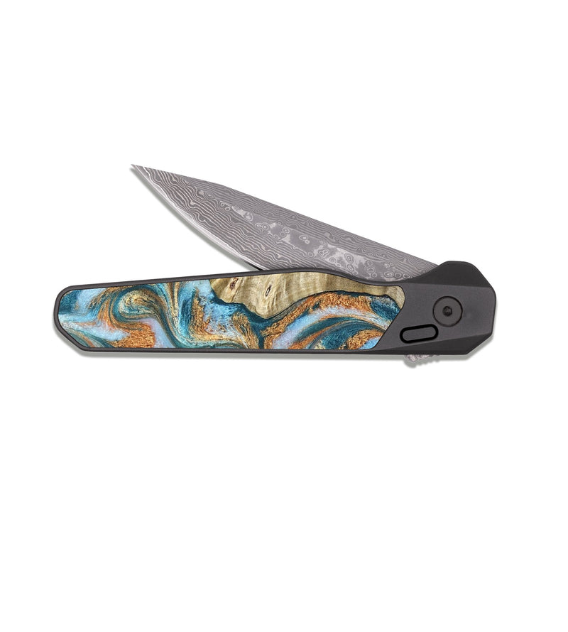 EDC Dark Damascus Wood Pocket Knife - Abe (Teal & Gold, 823461)
