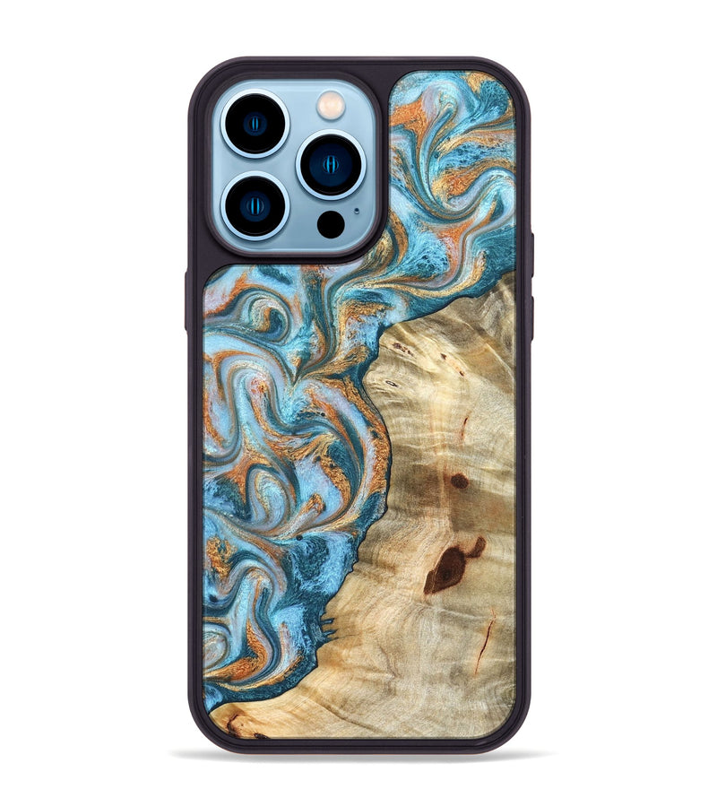 iPhone 14 Pro Max Wood Phone Case - Abe (Teal & Gold, 823461)