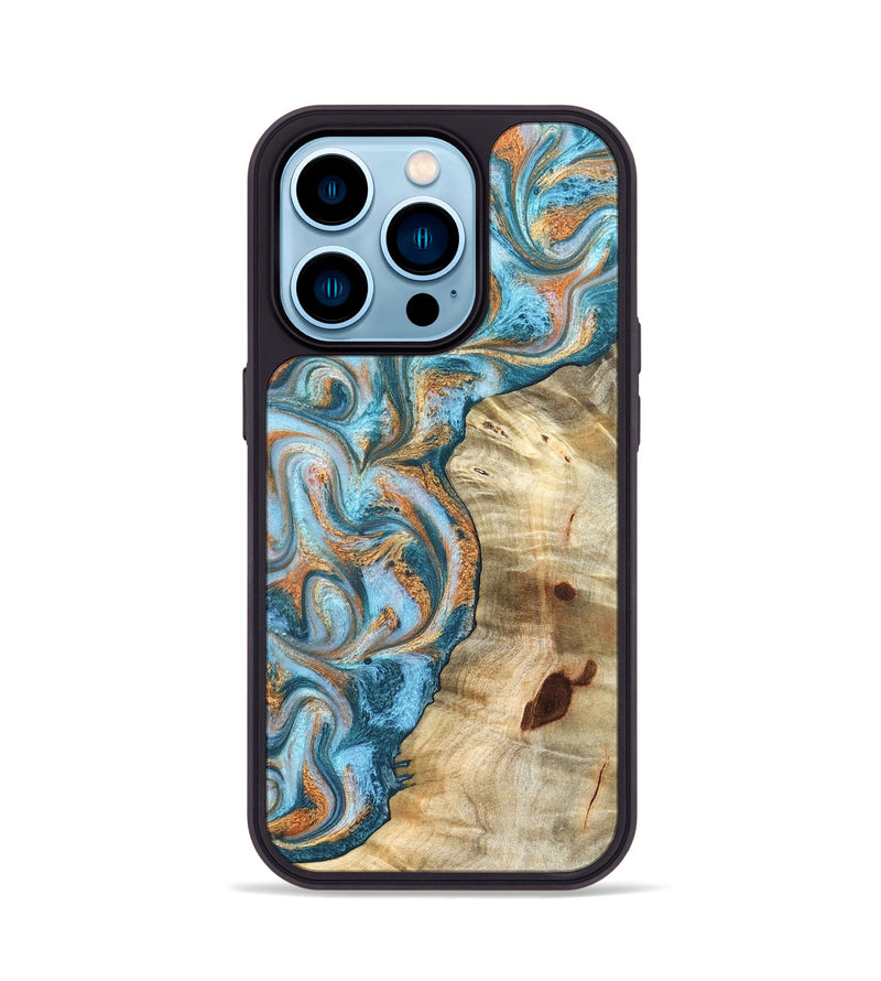 iPhone 14 Pro Wood Phone Case - Abe (Teal & Gold, 823461)