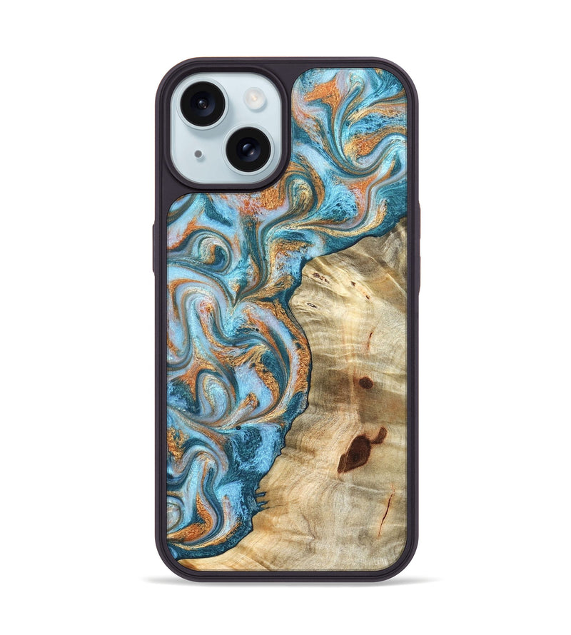 iPhone 15 Wood Phone Case - Abe (Teal & Gold, 823461)