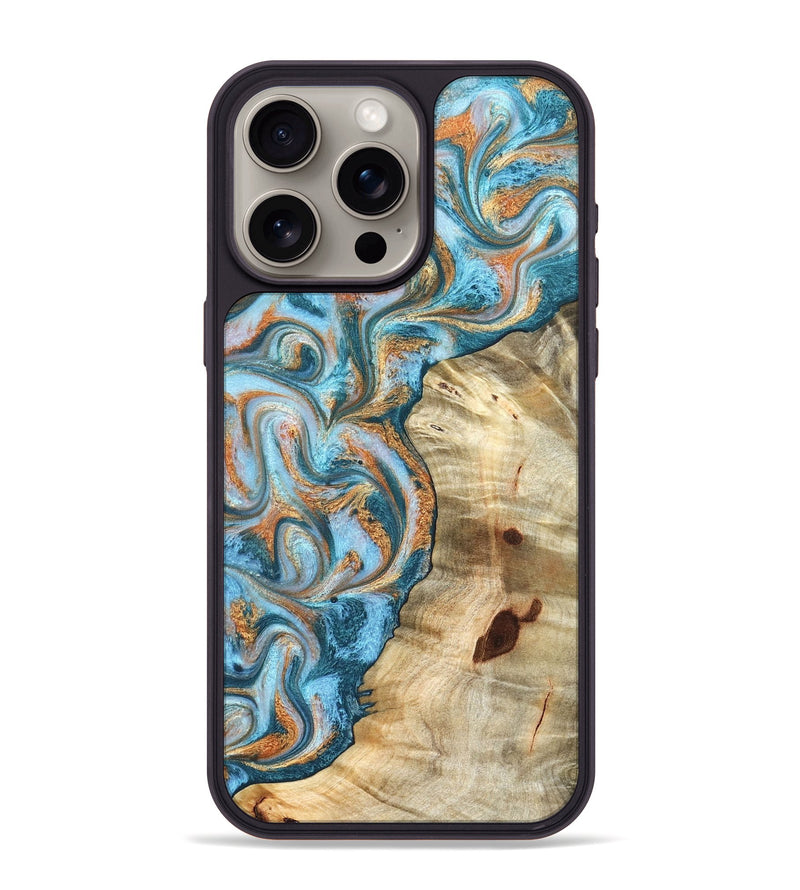 iPhone 15 Pro Max Wood Phone Case - Abe (Teal & Gold, 823461)