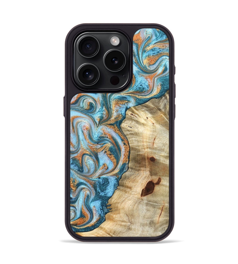 iPhone 15 Pro Wood Phone Case - Abe (Teal & Gold, 823461)
