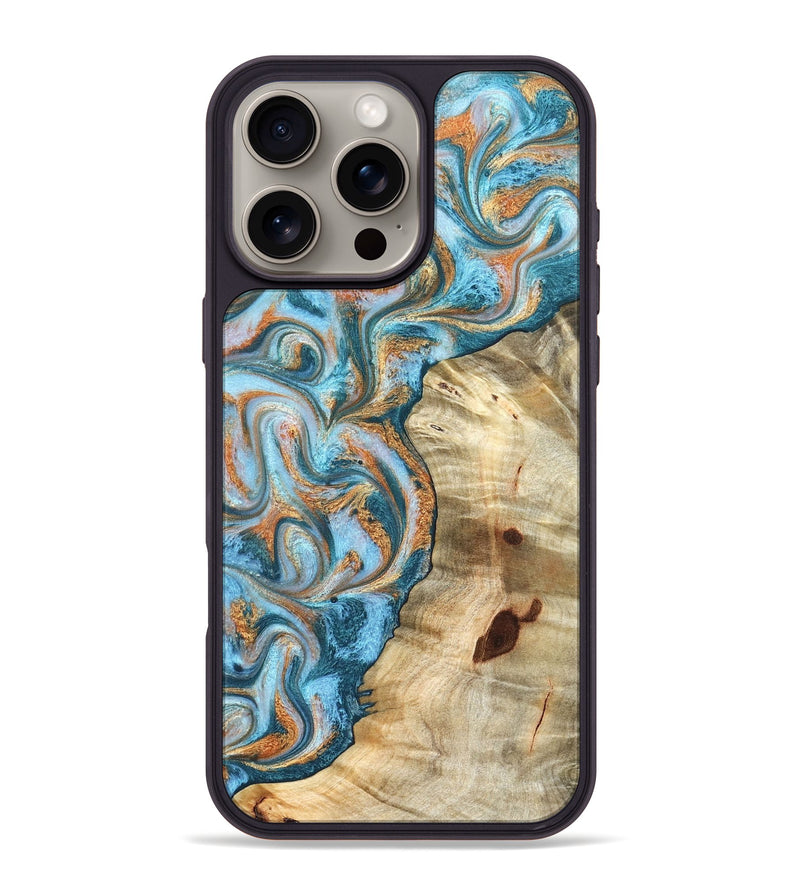 iPhone 16 Pro Max Wood Phone Case - Abe (Teal & Gold, 823461)