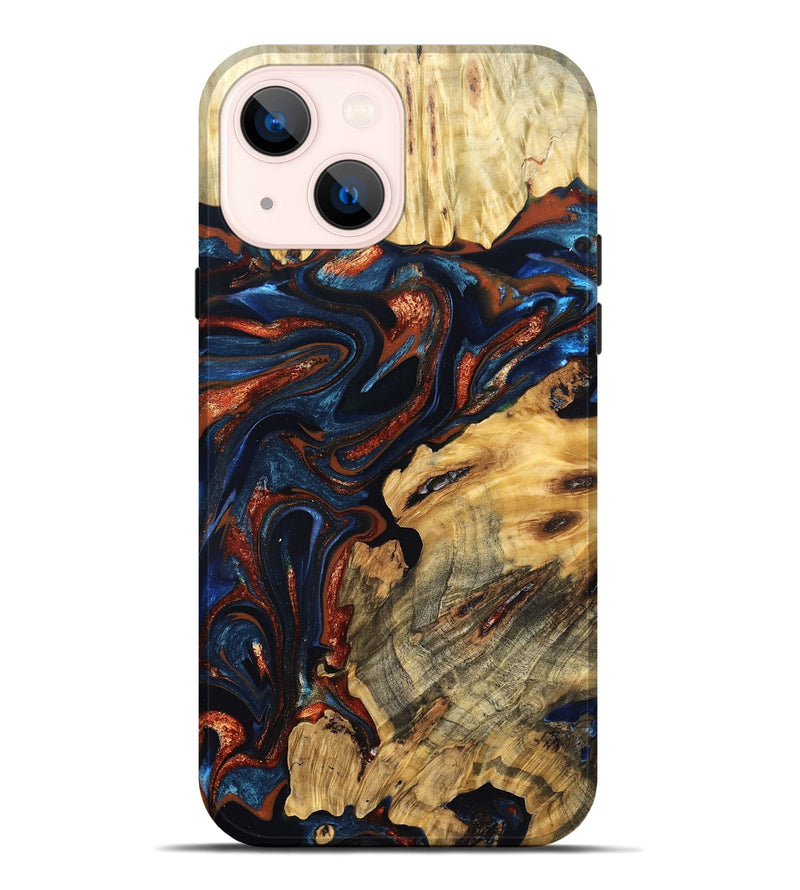iPhone 14 Plus Wood Live Edge Phone Case - Samara (Teal & Gold, 823493)