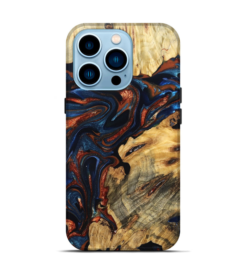 iPhone 14 Pro Wood Live Edge Phone Case - Samara (Teal & Gold, 823493)
