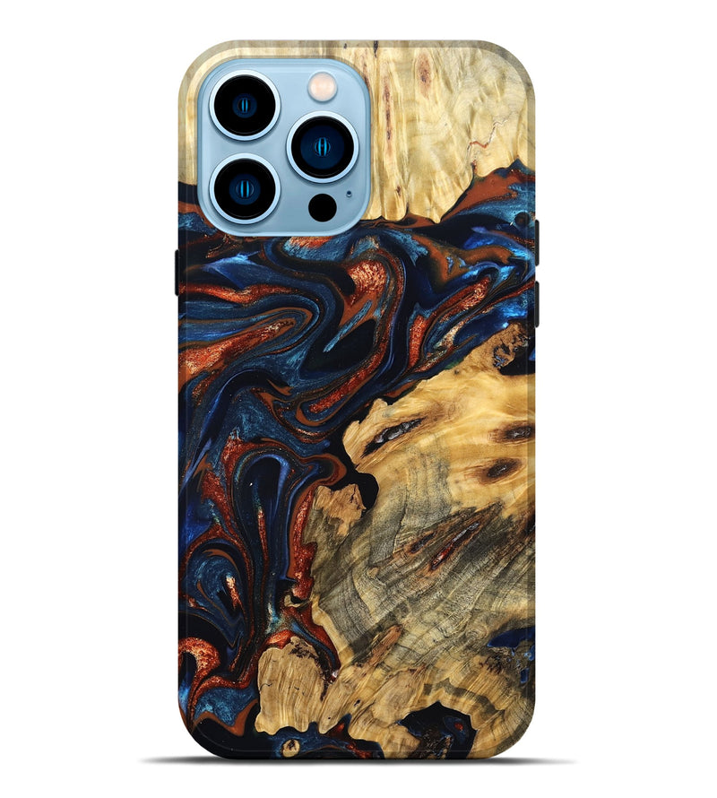 iPhone 14 Pro Max Wood Live Edge Phone Case - Samara (Teal & Gold, 823493)