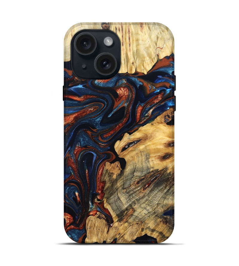 iPhone 15 Wood Live Edge Phone Case - Samara (Teal & Gold, 823493)