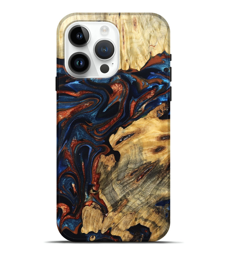iPhone 15 Pro Max Wood Live Edge Phone Case - Samara (Teal & Gold, 823493)