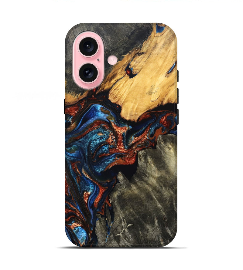 iPhone 16 Wood Live Edge Phone Case - Zuri (Teal & Gold, 823494)