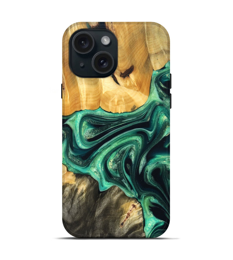 iPhone 15 Wood Live Edge Phone Case - Alonza (Green, 823502)