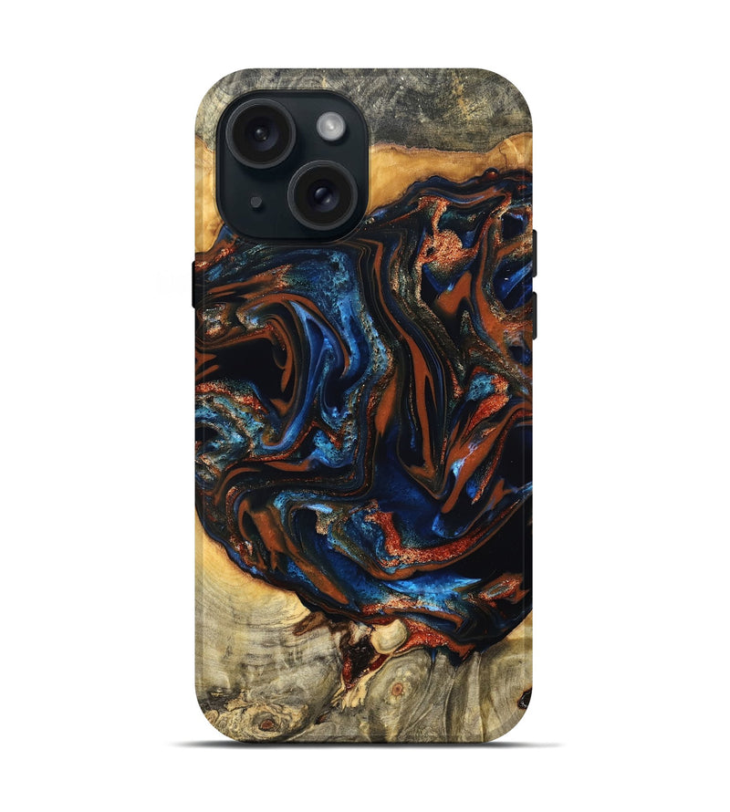 iPhone 15 Wood Live Edge Phone Case - Deacon (Teal & Gold, 823505)