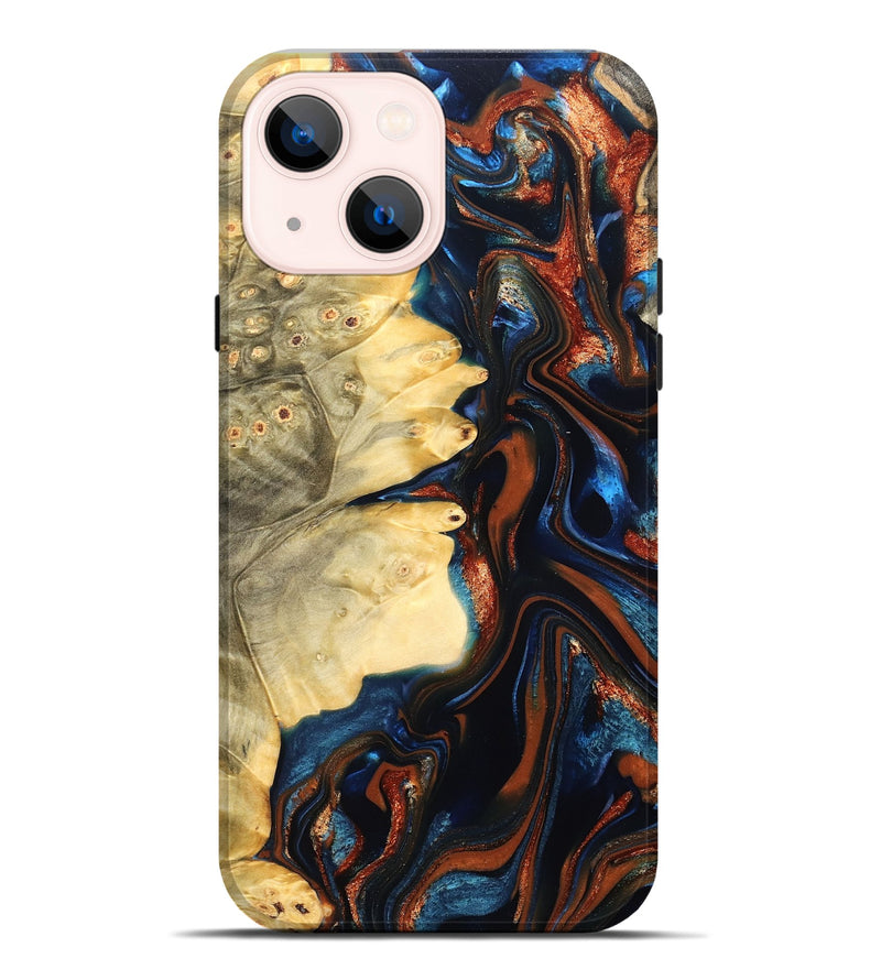 iPhone 14 Plus Wood Live Edge Phone Case - Tilda (Teal & Gold, 823512)