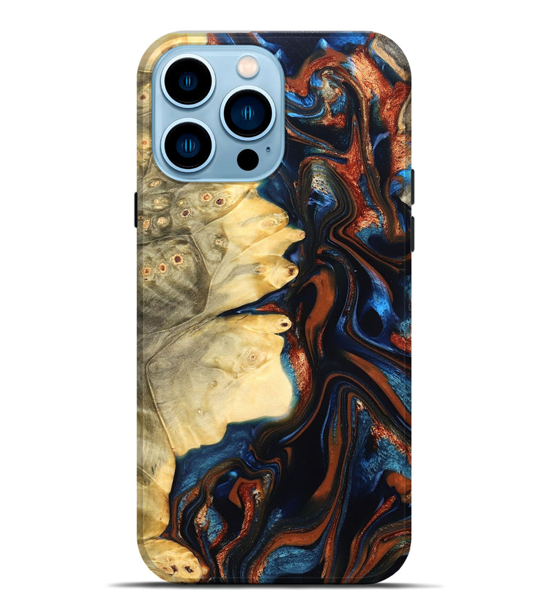 iPhone 14 Pro Max Wood Live Edge Phone Case - Tilda (Teal & Gold, 823512)