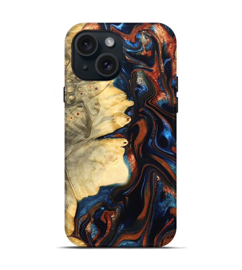 iPhone 15 Wood Live Edge Phone Case - Tilda (Teal & Gold, 823512)