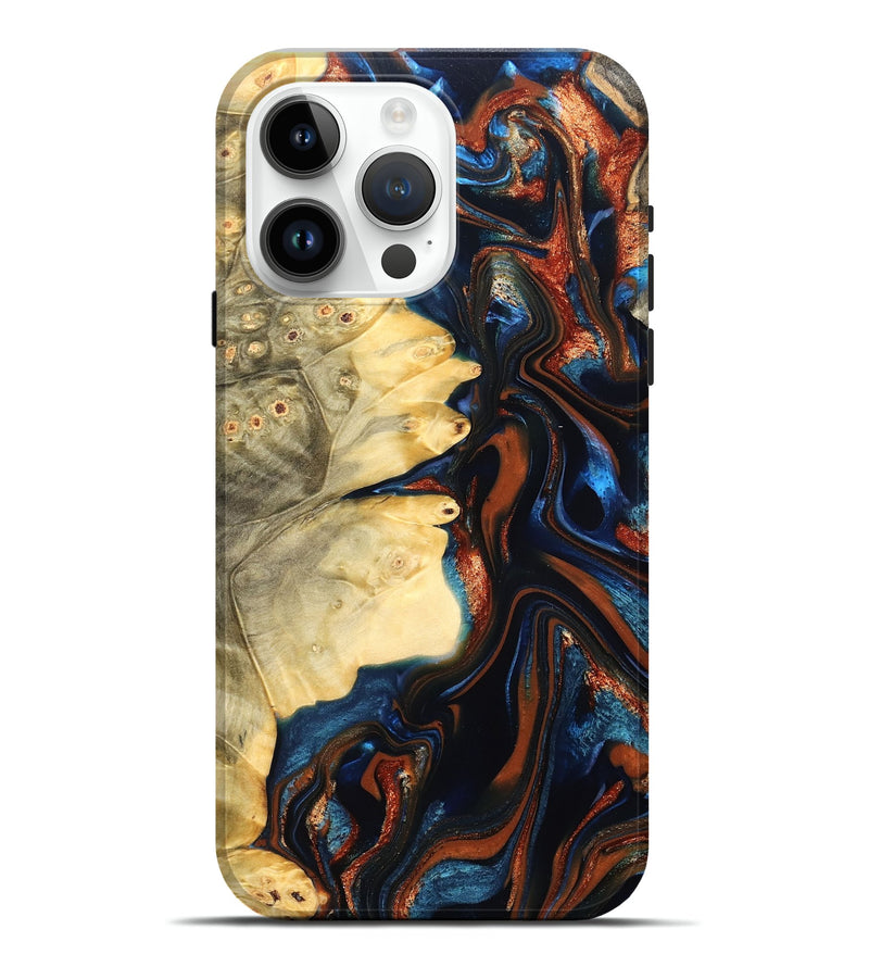 iPhone 15 Pro Max Wood Live Edge Phone Case - Tilda (Teal & Gold, 823512)