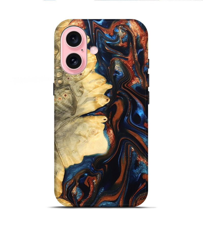 iPhone 16 Wood Live Edge Phone Case - Tilda (Teal & Gold, 823512)