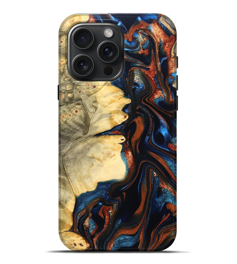 iPhone 16 Pro Max Wood Live Edge Phone Case - Tilda (Teal & Gold, 823512)